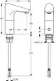 Ideal Standard Sensor-Wasserhahn mit einem Auslauf von 116 mm. Die Armatur hat eine moderne Form und ist für die Netzversorgung ausgelegt. Technische Maße sind im technischen Zeichnungsstil dargestellt.